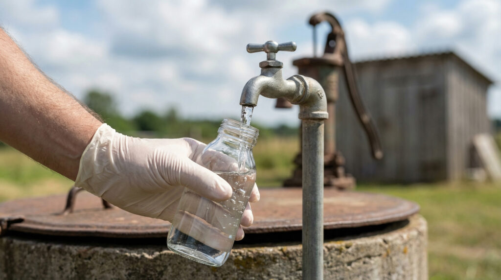 Certified inspector collecting well water sample for laboratory testing in Charlotte NC